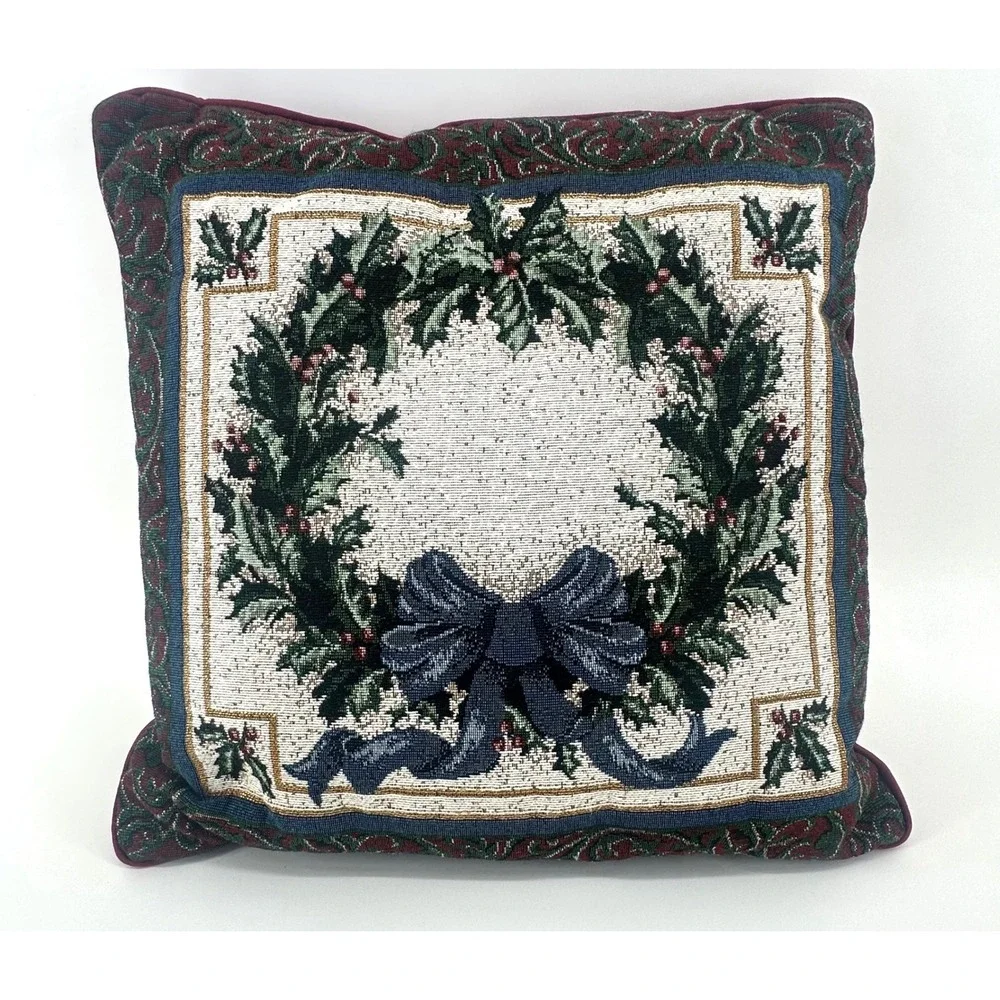 Vintage Christmas Wreath Tapestry Throw Pillow Holly Berry Blue Bow Red 16x16